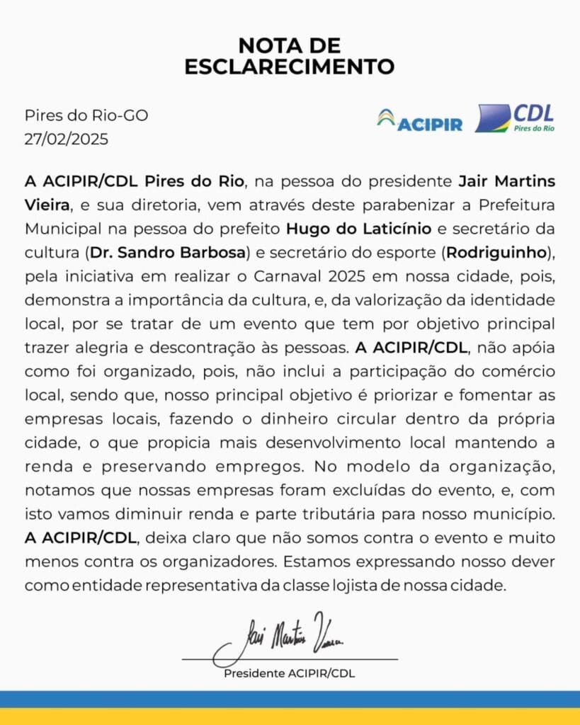 ACIPIR/CDL de Pires do Rio se posiciona sobre a organização do Carnaval 2025 1 ad546e6c c053 437e a28a 46d7d1018272 1