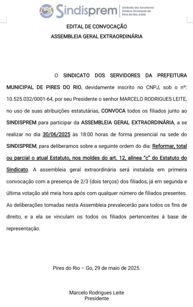 Sindicato convoca servidores de Pires do Rio para assembleia sobre reforma do estatuto 1 1b86e2d1 bc97 47eb a043 e8ff52a1f70c 2 1
